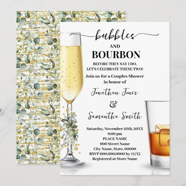 Invitación Ducha Eucalyptus Bubbles de oro y Parejas de Borbó (Anverso / Reverso)