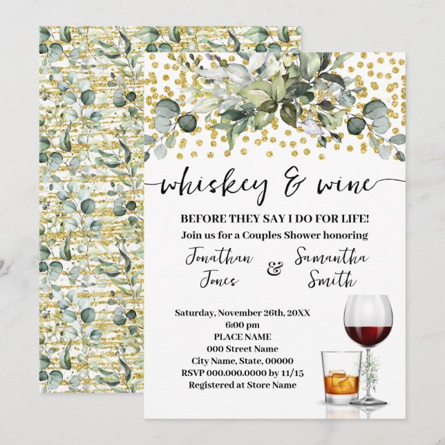 Invitación Ducha Eucalyptus Gold Whiskey y Wine Couples (Anverso / Reverso)