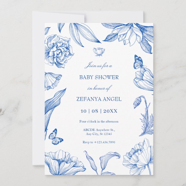 Invitación Ducha floral azul blanca elegante para bebé (Anverso)