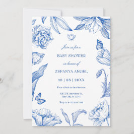 Invitación Ducha floral azul blanca elegante para bebé
