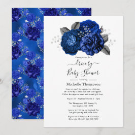 Invitación Ducha floral azul real y plateado