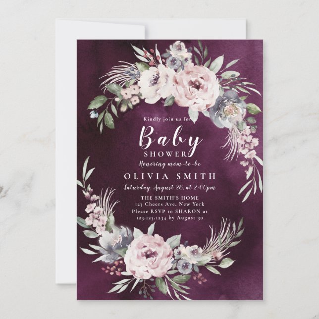Invitación Ducha floral de boho rosa de plumas y polvorientos (Anverso)