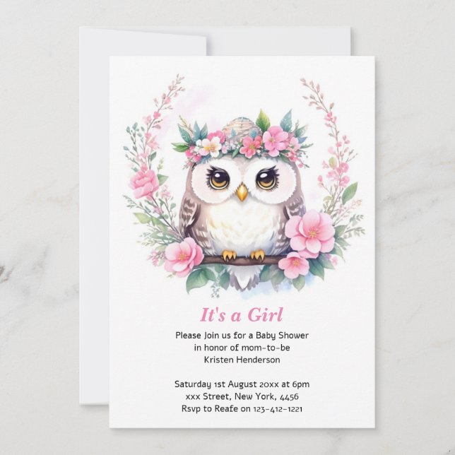 Invitación Ducha floral de búho (Anverso)