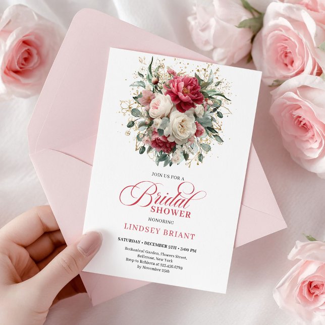 Invitación Ducha floral de glamour boho borgoña rubor verde (Minimal Bohemian Red White Gold Bridal Shower)