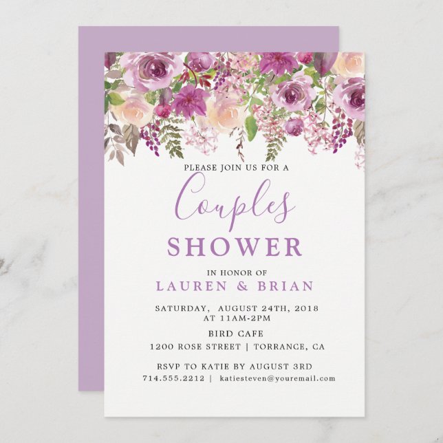 Invitación Ducha floral de lavanda púrpura para parejas mixta (Anverso / Reverso)
