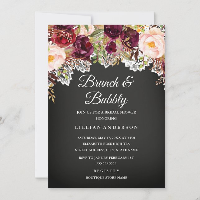 Invitación Ducha Floral De Novias De Brunéi Y Chalkboard Bubl (Anverso)