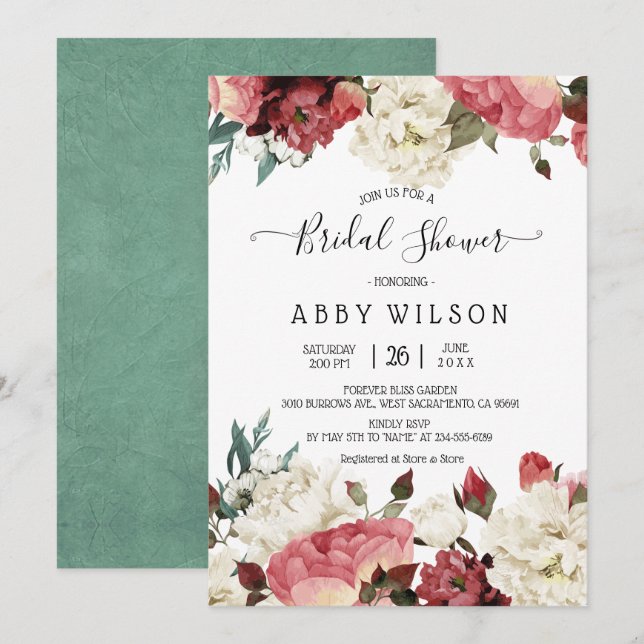 Invitación Ducha floral de primavera de peones rosados y blan (Anverso / Reverso)