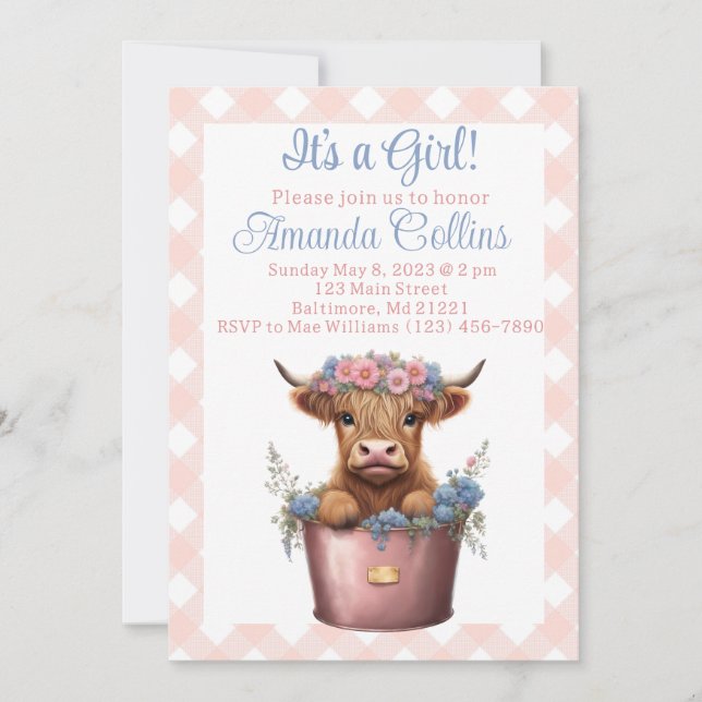Invitación Ducha floral de vaca Highland (Anverso)