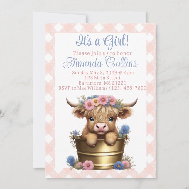 Invitación Ducha floral de vaca Highland (Anverso)