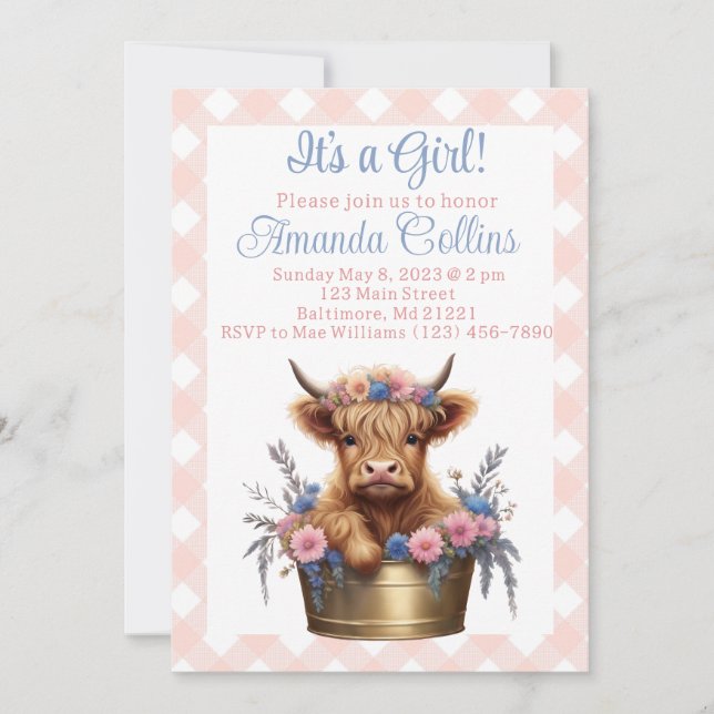 Invitación Ducha floral de vaca Highland (Anverso)