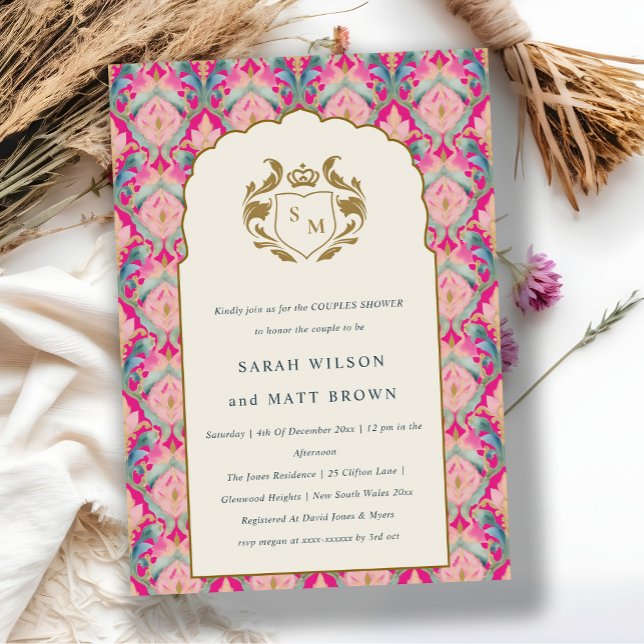 Invitación Ducha Floral Laurel Clásico De Oro Caliente Rosa (Subido por el creador)