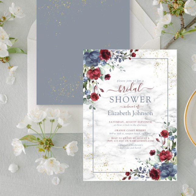 Invitación Ducha floral ligera de oro azul borgoña (Subido por el creador)