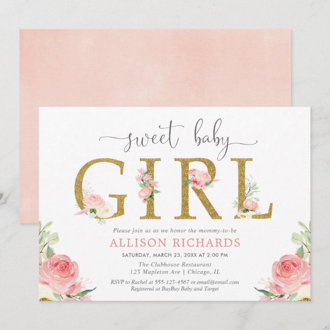 Invitación Ducha floral para bebés, elegante chica dorado ros (Anverso / Reverso)