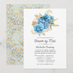 Invitación Ducha Floral Pastel Azul y Oro por correo