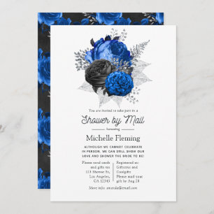 Invitación Ducha floral real azul, negro y plateado por corre