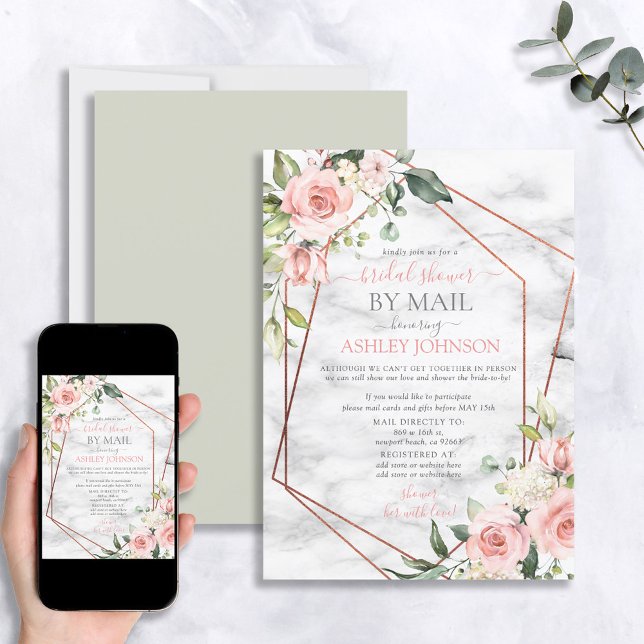 Invitación Ducha floral rosa de mármol geométrico de cobre po (Subido por el creador)