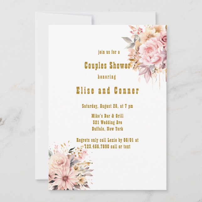 Invitación Ducha Floral rosa y dorada (Anverso)
