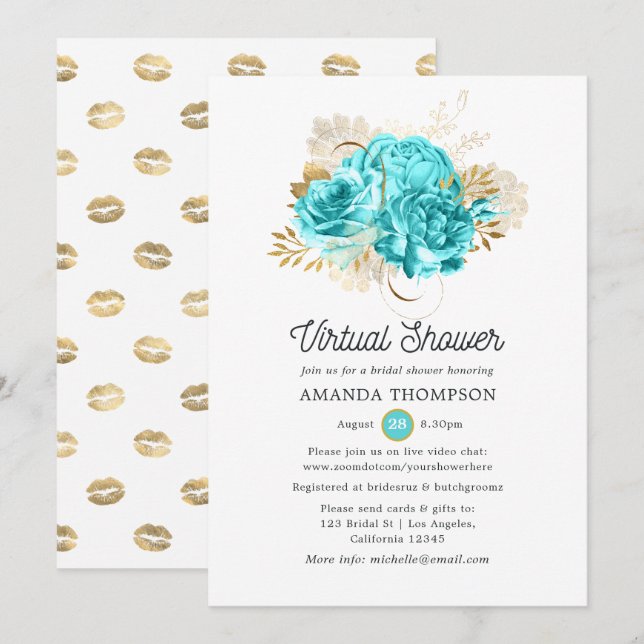 Invitación Ducha floral virtual de aqua azul y dorado (Anverso / Reverso)