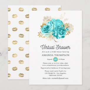 Invitación Ducha floral virtual de aqua azul y dorado