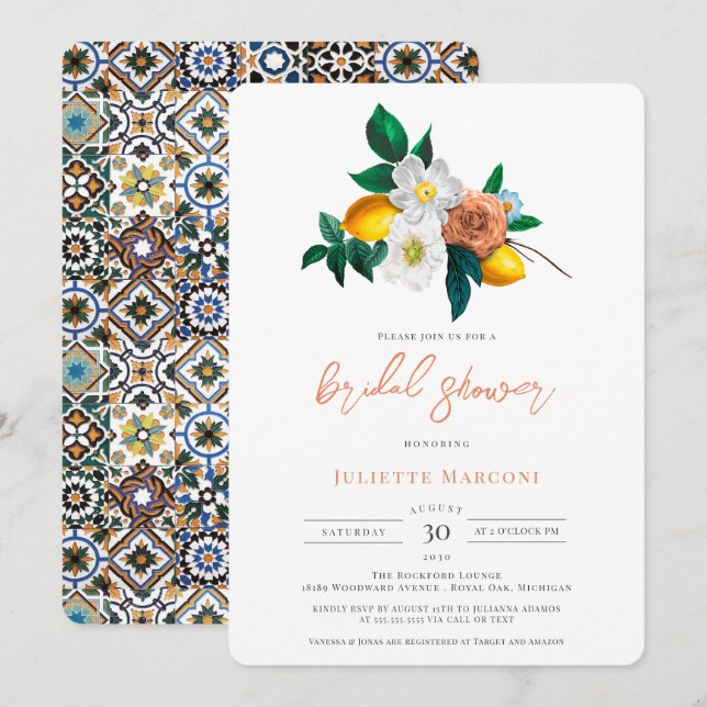 Invitación Ducha Floral y Lemons de mosaico de estilo mediter (Anverso / Reverso)