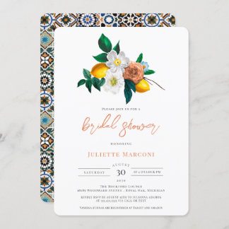 Invitación Ducha Floral y Lemons de mosaico de estilo mediter