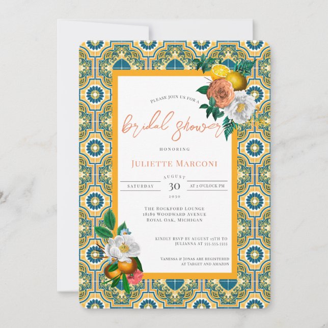 Invitación Ducha Floral y Lemons de mosaico de estilo mediter (Anverso)