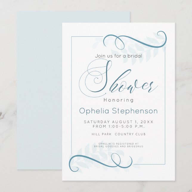 Invitación Ducha Foliage moderno Smokey Blue (Anverso / Reverso)