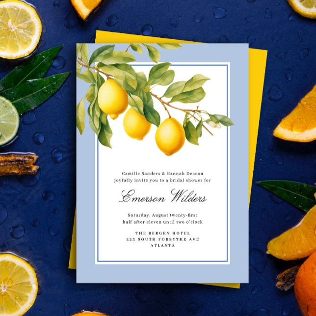 Invitación Ducha fresca de limón mediterráneo (Elegant blue and white lemon themed bridal shower invitation. Photo by Mohammad Metri on Unsplash)