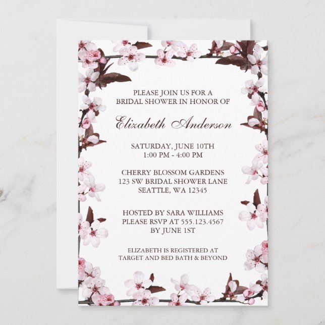 Invitación Ducha fronteriza de cerezos en flor (Anverso)