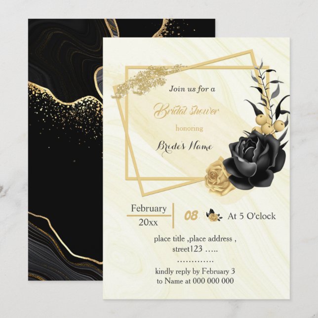 Invitación ducha geométrica de novia con flores doradas y neg (Anverso / Reverso)
