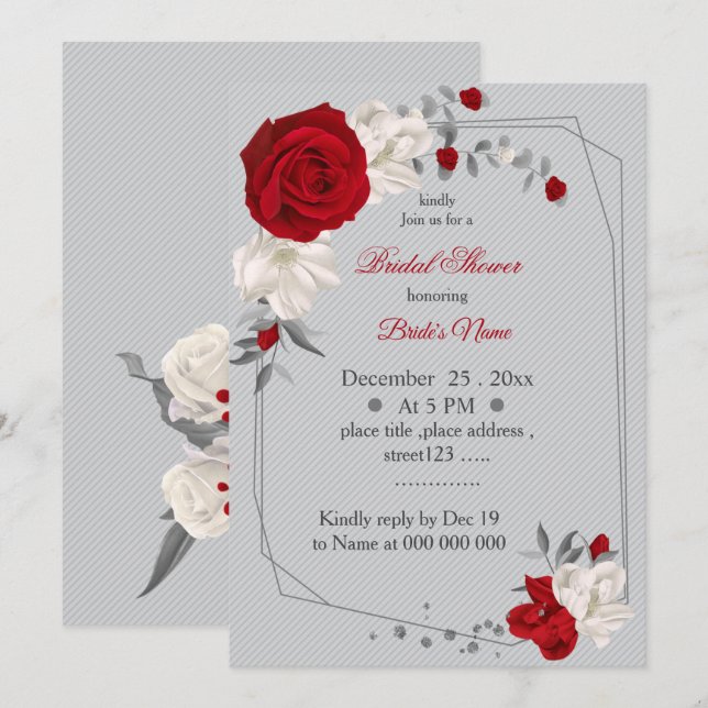 Invitación ducha geométrica de novia con flores rojas y blanc (Anverso / Reverso)