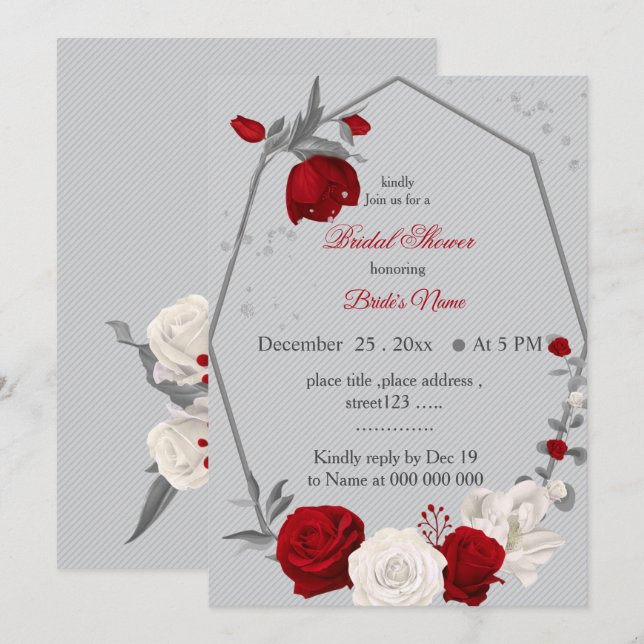 Invitación ducha geométrica de novia con flores rojas y blanc (Anverso / Reverso)
