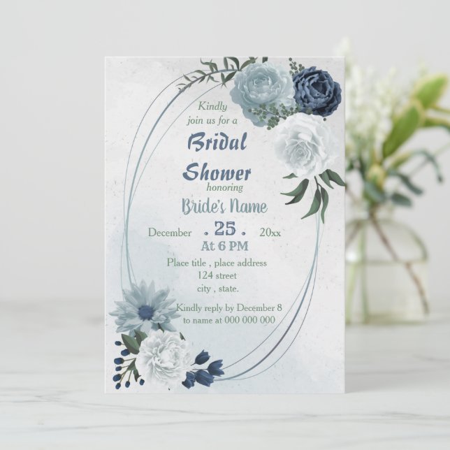 Invitación ducha geométrica de novia floral azul blanco (Anverso de pie)