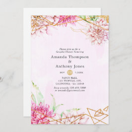 Invitación Ducha geométrica floral rosa y dorada