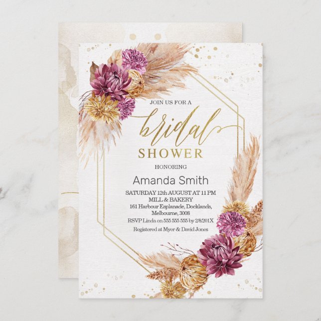 Invitación Ducha geométrica para novias Plum Pampas Grass Boh (Anverso / Reverso)