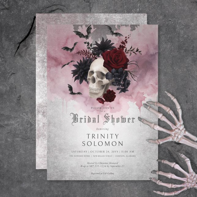 Invitación Ducha gótica de cráneo negro y borgoña y de novia  (Gothic Black & Burgundy Skull & Bats Bridal Shower Invitation)