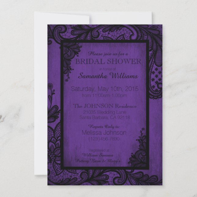 Invitación Ducha gótica de novia púrpura y negra de encaje (Anverso)