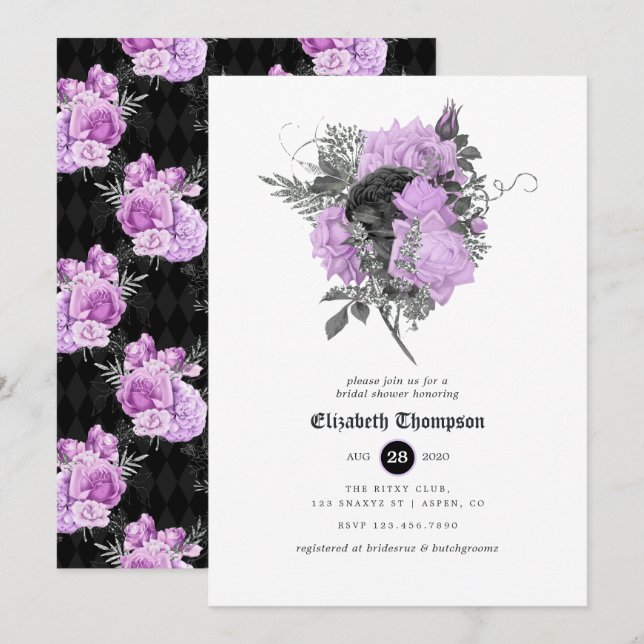 Invitación Ducha gótica floral floral negra, púrpura y platea (Anverso / Reverso)
