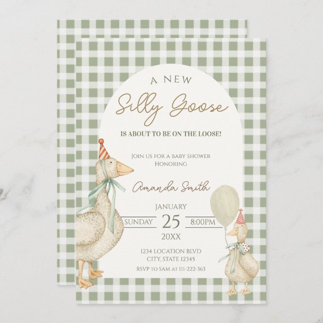 Invitación Ducha Green Silly Goose Baby (Anverso / Reverso)