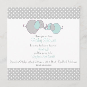 Invitación Ducha gris y azul mamá y bebé elefante