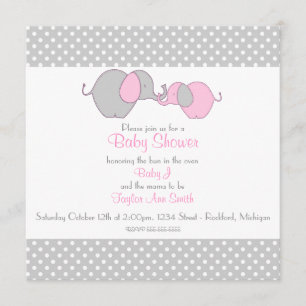 Invitación Ducha gris y rosada del elefante de la mamá y del
