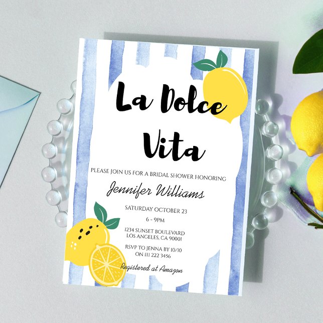 Invitación Ducha italiana de limón de novia Dolce azul Vita D (Italian Lemon Bridal Shower Blue Dolce Vita Doodle Invitation)
