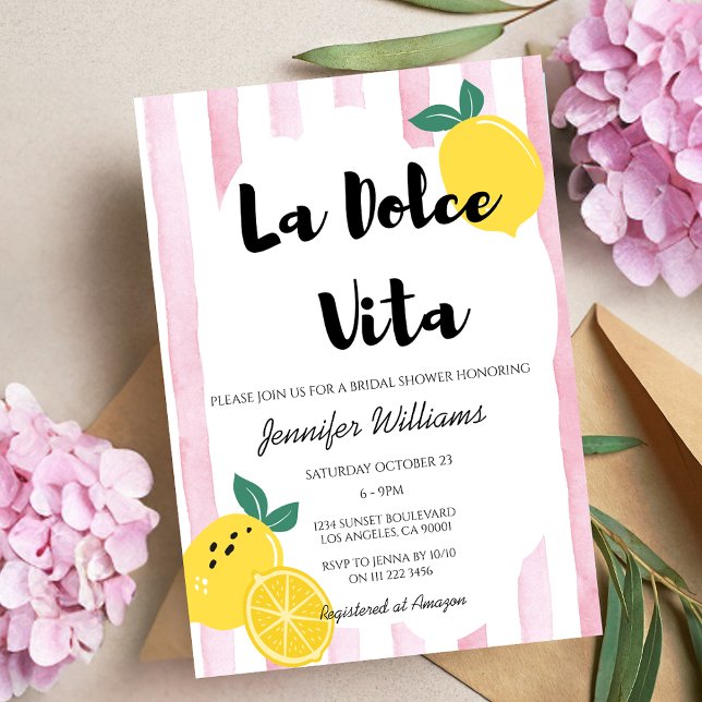 Invitación Ducha italiana de limón de novia Dolce rosa Vita D (Italian Lemon Bridal Shower Pink Dolce Vita Doodle Invitation)