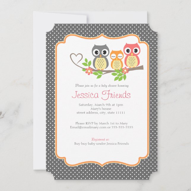 Invitación ducha linda 5" de la niña de los búhos X 7" (Anverso)