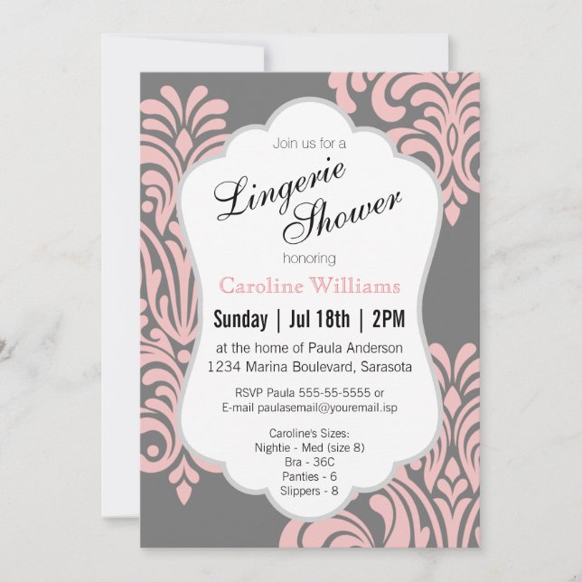 Invitación Ducha Lingerie de Damask Rosa (Anverso)