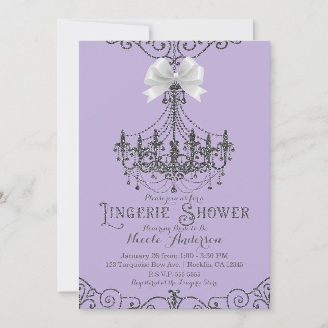 Invitación Ducha Lingerie Purple & Silver White Bow (Anverso)