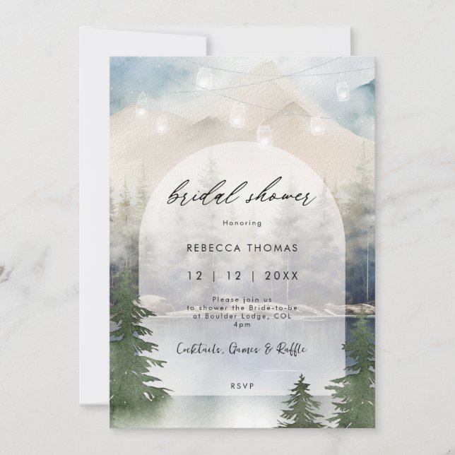 Invitación ducha mágica de novia en el bosque de invierno Inv (Anverso)