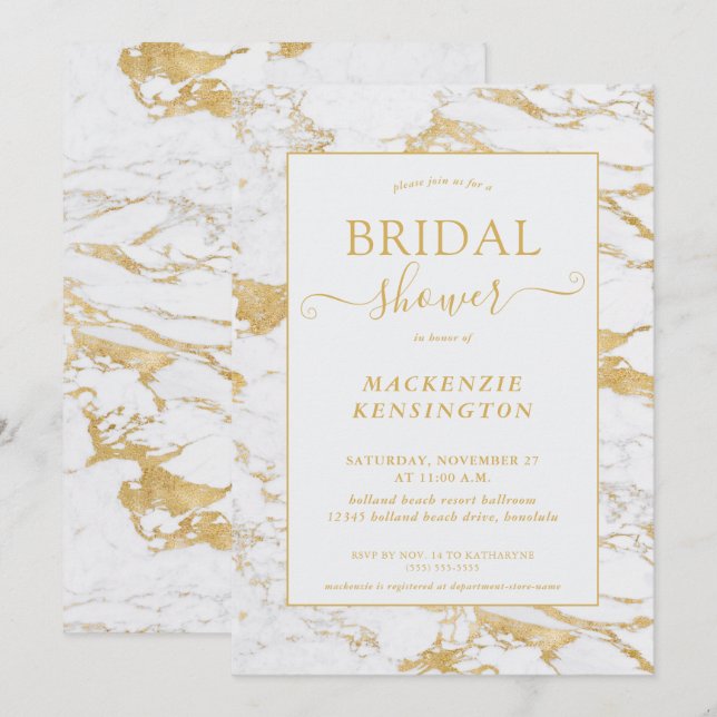 Invitación Ducha marble de Relieve metalizado dorado de lujo (Anverso / Reverso)