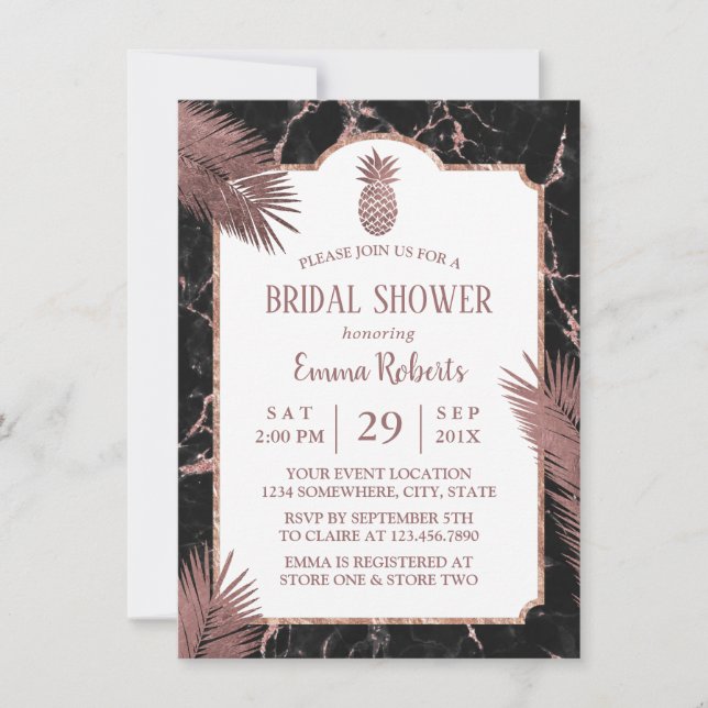 Invitación Ducha marble moderna y Rosa dorada piña (Anverso)