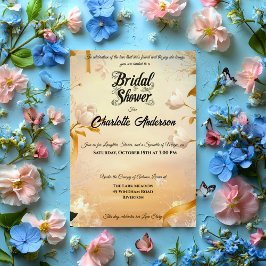 Invitación Ducha marfil y dorada con encaje y floral